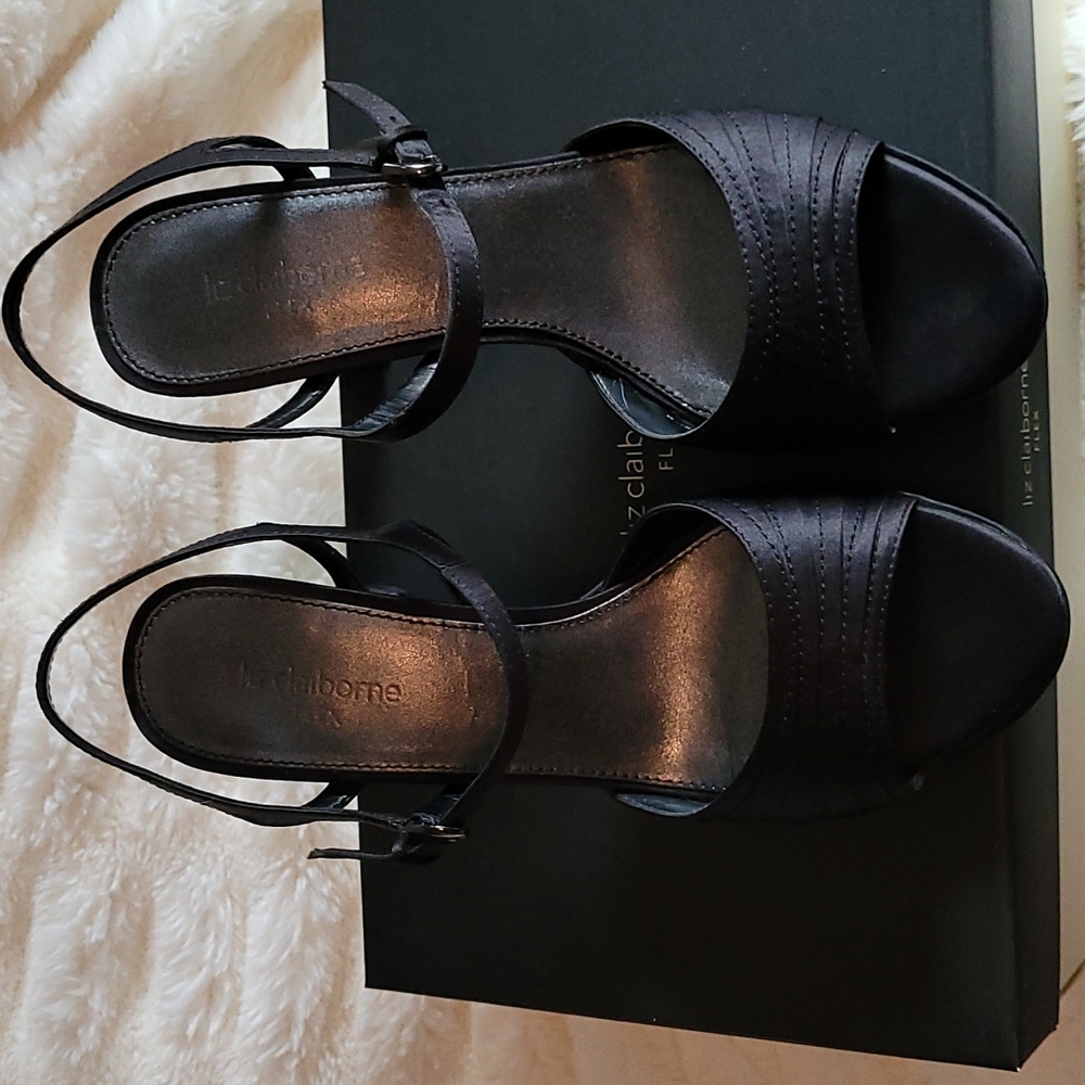 Liz Claiborne Flex Black Satin open toed heels 7.5M